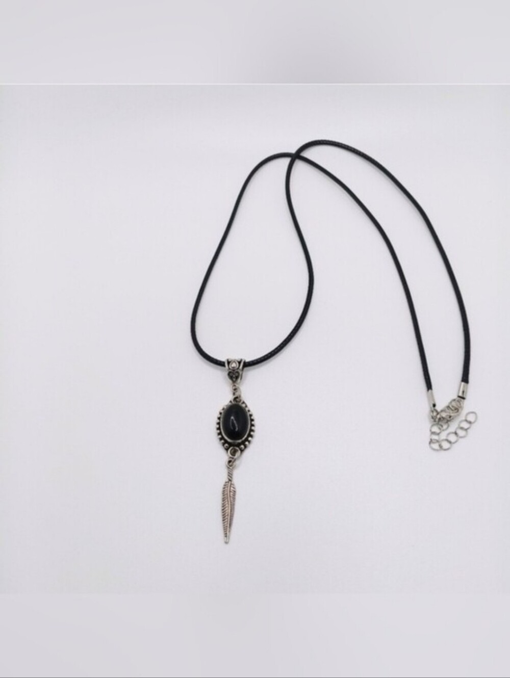 Elegant Silvertone Native American Design Black Onyx Cord Necklace